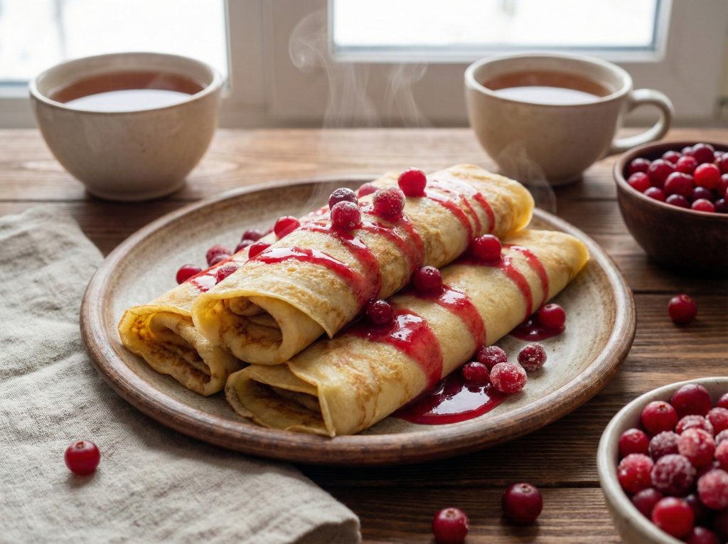 Блины с крем-мед с клюквой